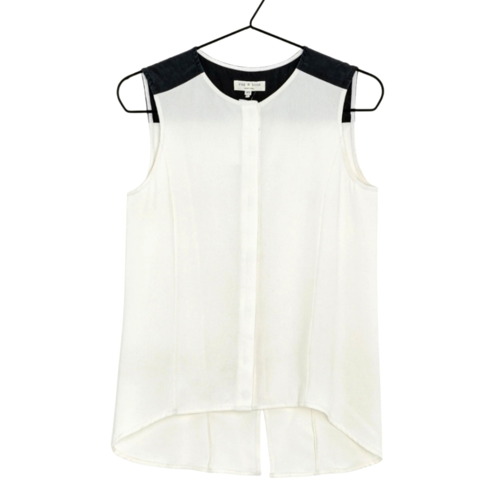 RAG & BONE Off White and Black High Low Split Tail Button Down Sleeveless Shirt